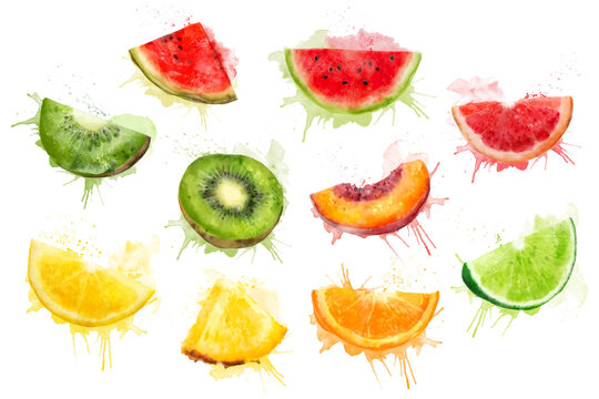 Set of watercolor fresh summer illustrations of kiwi, watermelon, peach, lemon, pineapple, orange, lime and grapefruit. Isolated illustrations on a white background, for postcards, patterns, and text