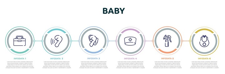 baby concept infographic design template. included organ container, hearing, hearing aid, doctor cap, breast pump, baby bib icons and 6 option or steps.