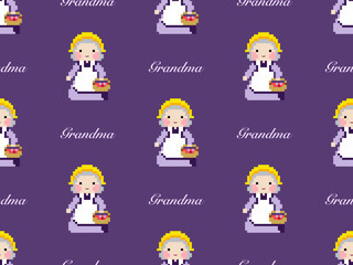 Grandmother cartoon character seamless pattern on purple background. Pixel style