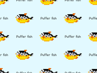 Puffer fish cartoon character seamless pattern on blue background. Pixel style