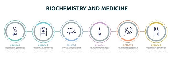 biochemistry and medicine concept infographic design template. included injury, medical record, ecg, periodontal scaler, insemination, instruments icons and 6 option or steps.