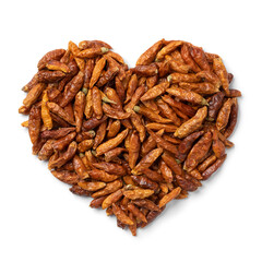 Dried chili peppers in heart shape isolated on white background