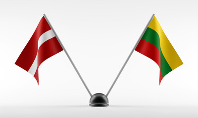 Stand with two national flags. Flags of Latvia and Lithuania. Isolated on a white background. 3d render