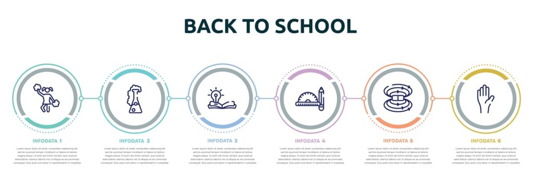 back to school concept infographic design template. included cheerleader, chemicals, wise, drawing tools, magnetic field, raise hand icons and 6 option or steps.