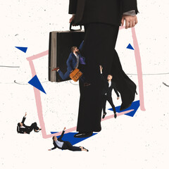 Contemporary art collage. Ginat woman with suitcase walking around small people trying to reach her. Boss influence