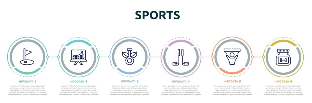 sports concept infographic design template. included golf field, pitch, chlorophyll, golf equipment, fans, supplement icons and 6 option or steps.