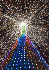 Night view of the Christmas tree with light garlands in the center of Mioveni. Artificial Christmas tree, environmental conservation concept