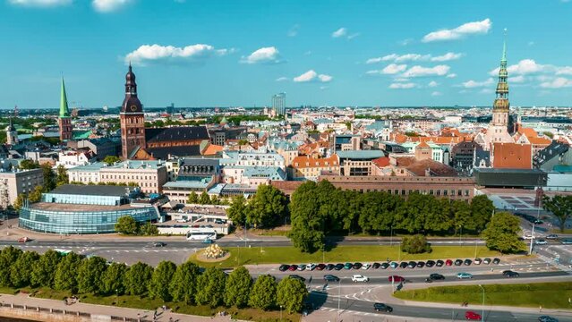 Aerial hyperlapse of the Riga city - the capital of Latvia. Beautiful time flow over Riga old town near Domes cathedral.