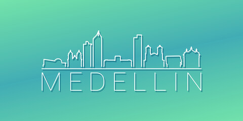 Medellin, Antioquia, Colombia Skyline Linear Design. Flat City Illustration Minimal Clip Art. Background Gradient Travel Vector Icon.