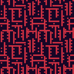 Fototapeta premium Geometric seamless pattern. Modern maze print. Aymmetric labyrinth ornament. Lines, dots bauhaus style background