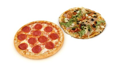 Mixed Pizza isolated and Tasty italian classic original pepperoni pizza. Perspective view. Isolated on white. 3d rendering.
