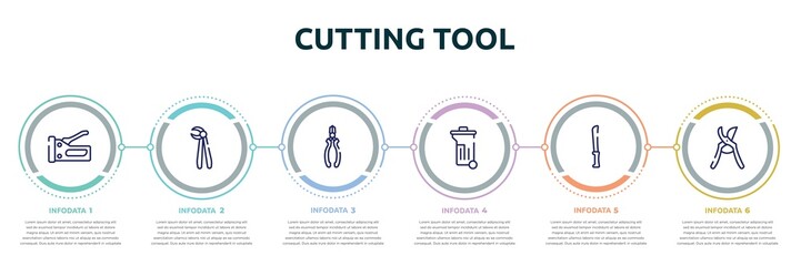 cutting tool concept infographic design template. included big stapler, forceps, nippers, dumpster, bread knife, pruning shears icons and 6 option or steps. - obrazy, fototapety, plakaty