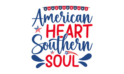 American Heart Southern Soul, vector Illustration isolated on white background, 4th of July truck with stars and stripes, Independence day party decor for design shirt, card and scrapbooking