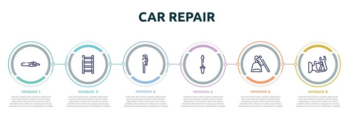car repair concept infographic design template. included sharp chainsaw, ladder thin, stillson wrench, garage screwdriver, dustpan and brush, side mirror icons and 6 option or steps.