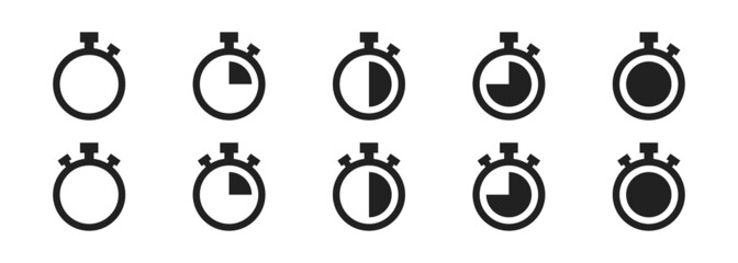 Set of timer. Timer icon set. Vector isolated illustration. Countdown icons. Stopwatch symbol collection. - obrazy, fototapety, plakaty