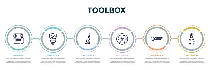 toolbox concept infographic design template. included wrench and nut, ecologic light bulb, cleaning mop, radiation, carpenter saw, repair pliers icons and 6 option or steps.