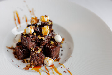 Chocolate Brownies Cube Cake on white plate
