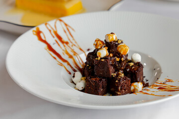 Chocolate Brownies Cube Cake on white plate