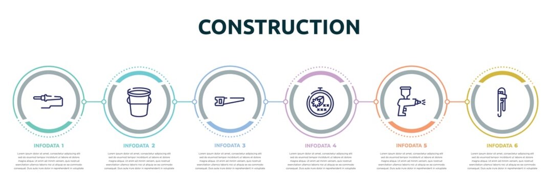 Construction Concept Infographic Design Template. Included Soldering, Water Bucket, Hacksaw, Cross Stitch, Spray Paint Gun, Hand Tool Icons And 6 Option Or Steps.