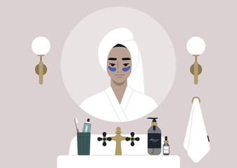 A vintage bathroom interior, a young female Asian character applying beauty eye patches, daily skin anti-age routine