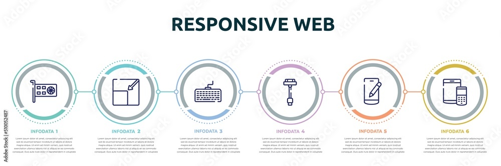 Aufkleber responsive web concept infographic design template. included null, resize page, intosh keyboard, usb