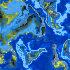 Map, world, clouds, blue and yellow paint