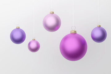 Obraz premium Multiple purple Christmas balls, shiny ornaments on light grey, 3d rendering. concept for happy new year and christmas