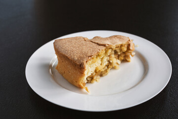 Sharlotka (Russian Apple Cake) on white plate on dark background. Sharlotka is a light sponge cake filled with small apple pieces.