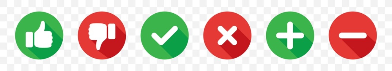 Thumb up and down. Checkmark and cross. Plus minus icon. Web buttons. Design element collection on white background. Vector illustration.