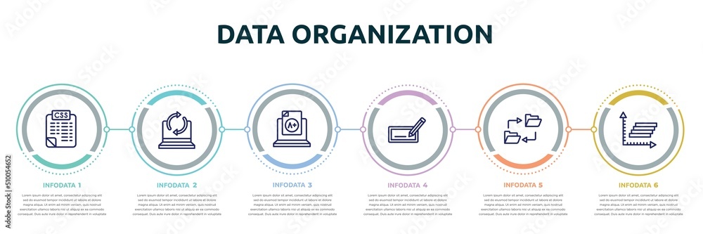 Poster data organization concept infographic design template. included style sheet, recovery, grades, edit 