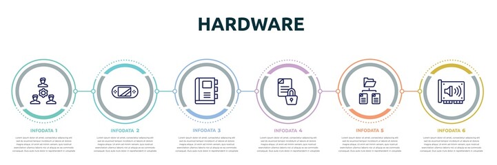 hardware concept infographic design template. included work team, handheld console, appointment book, encrypted data, folder network, sound card icons and 6 option or steps. - obrazy, fototapety, plakaty