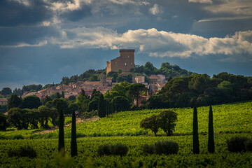landscape and  village of chateauneuf de pape , with vineyards and countryside ,provence ,vaucluse...