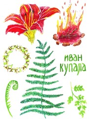 watercolor set of fern,fern flower, female head wreath,bonfire.postcard for pagan folklore holiday Ivan Kupala Day.July,7.Slavian traditional celebration.Russian midsummer holiday