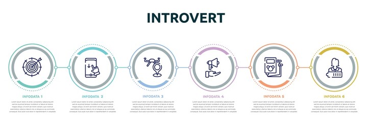 introvert concept infographic design template. included taget, swipe down, street map, embrace, , charged icons and 6 option or steps. - obrazy, fototapety, plakaty