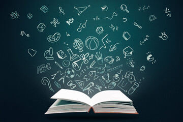 Education concept. Open books and hand drawn school doodle icons. Studying, knowledge, learning idea