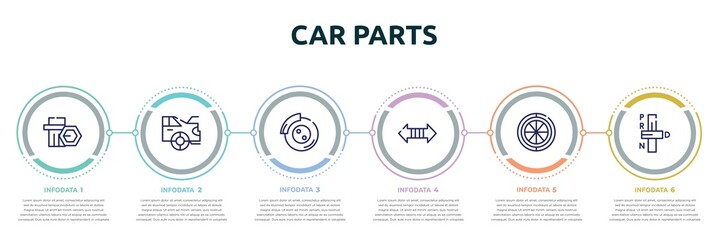 car parts concept infographic design template. included car wheel nut, car boot, disc brake, indicator, spare wheel, transmission icons and 6 option or steps. - obrazy, fototapety, plakaty