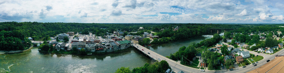 Fototapeta na wymiar Aerial panorama of Paris, Ontario, Canada on a spring morning