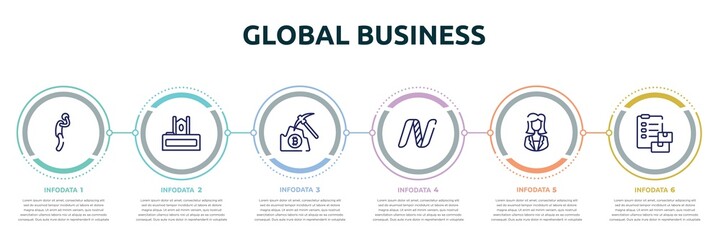 global business concept infographic design template. included depressed, judge chair, pick, nasdaq, businesswoman, customs icons and 6 option or steps.