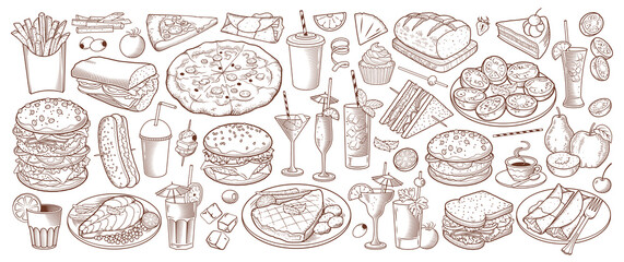 Vector set with food and drink hand drawn - obrazy, fototapety, plakaty
