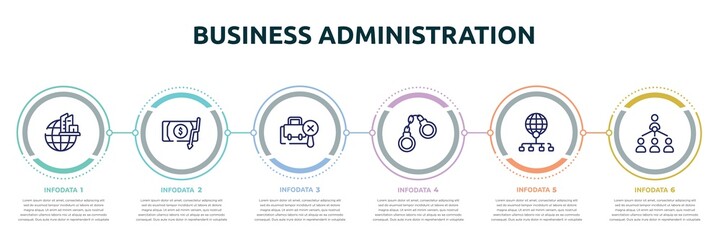 business administration concept infographic design template. included headquarters, inflation, not search, handcuffs, distribute, organization chart icons and 6 option or steps.