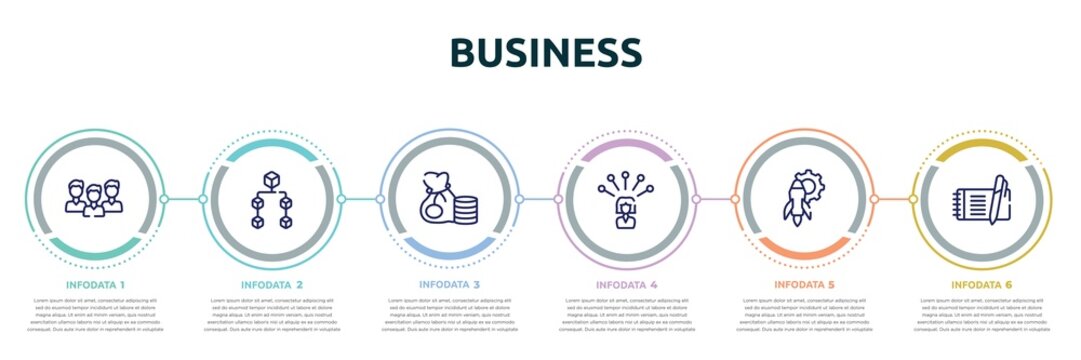 business concept infographic design template. included time management, officer, instructions, hierarchy structure, contact list, enquiry icons and 6 option or steps.