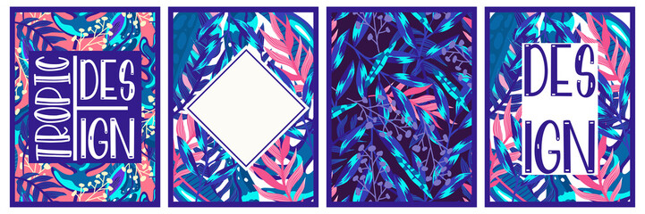 Canvas tropical set neon jungle. Summer botanical wallpaper. Botanical jungle. Abstract art background vector. Tropical foliage art background vector. Poster floral neon set