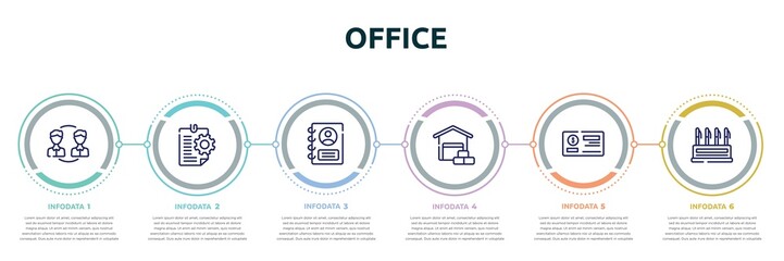 office concept infographic design template. included peer to peer, instruction, personal profile, wholesaler, cheque, pen container icons and 6 option or steps.