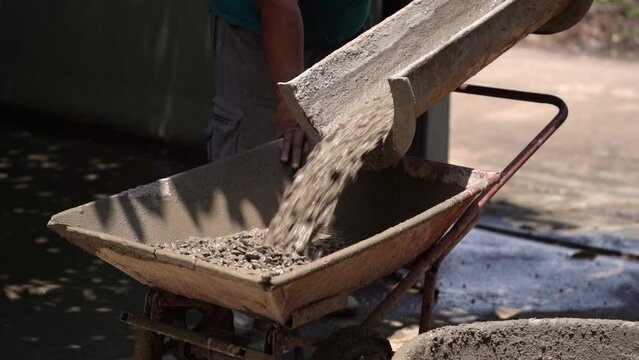 Slow Motion Shot, Pouring concrete from a concrete mixer. Man working with cement mixer. The concrete mix is ​​fed from a concrete mixer at the construction site.