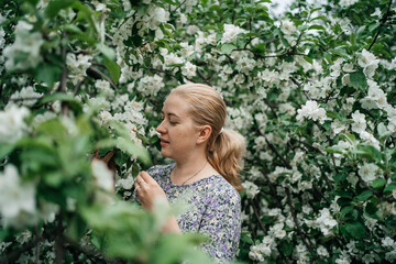 girl with blond hair in blossoming apple tree outdoor nature