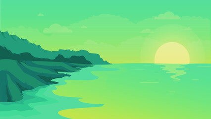 Fototapeta na wymiar Green mountain beach landscape vector design illustration