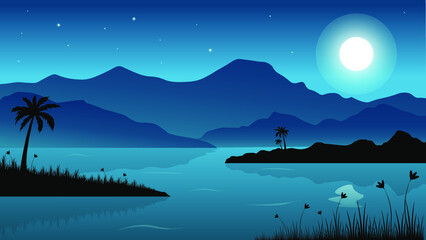 Night lake landscape view vector design illustration