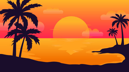Obraz na płótnie Canvas Sunset beach mountain coconut landscape vector illustration