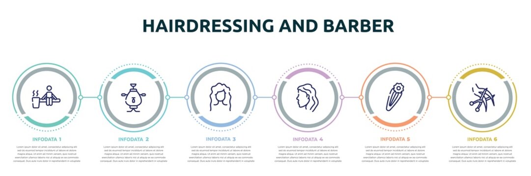 hairdressing and barber concept infographic design template. included sauna, samovar, wavy hair, woman head side view, null, haircut icons and 6 option or steps.
