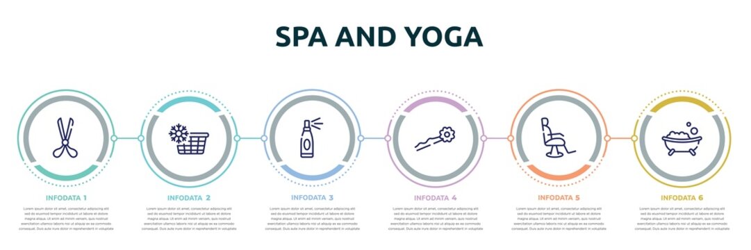 spa and yoga concept infographic design template. included scissors opened tool, cold water, hairspray, hairpin, barber chair, bath salt bomb icons and 6 option or steps.